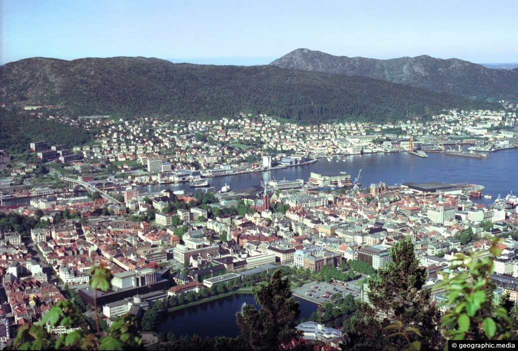 Aerial view of Bergen and harbor