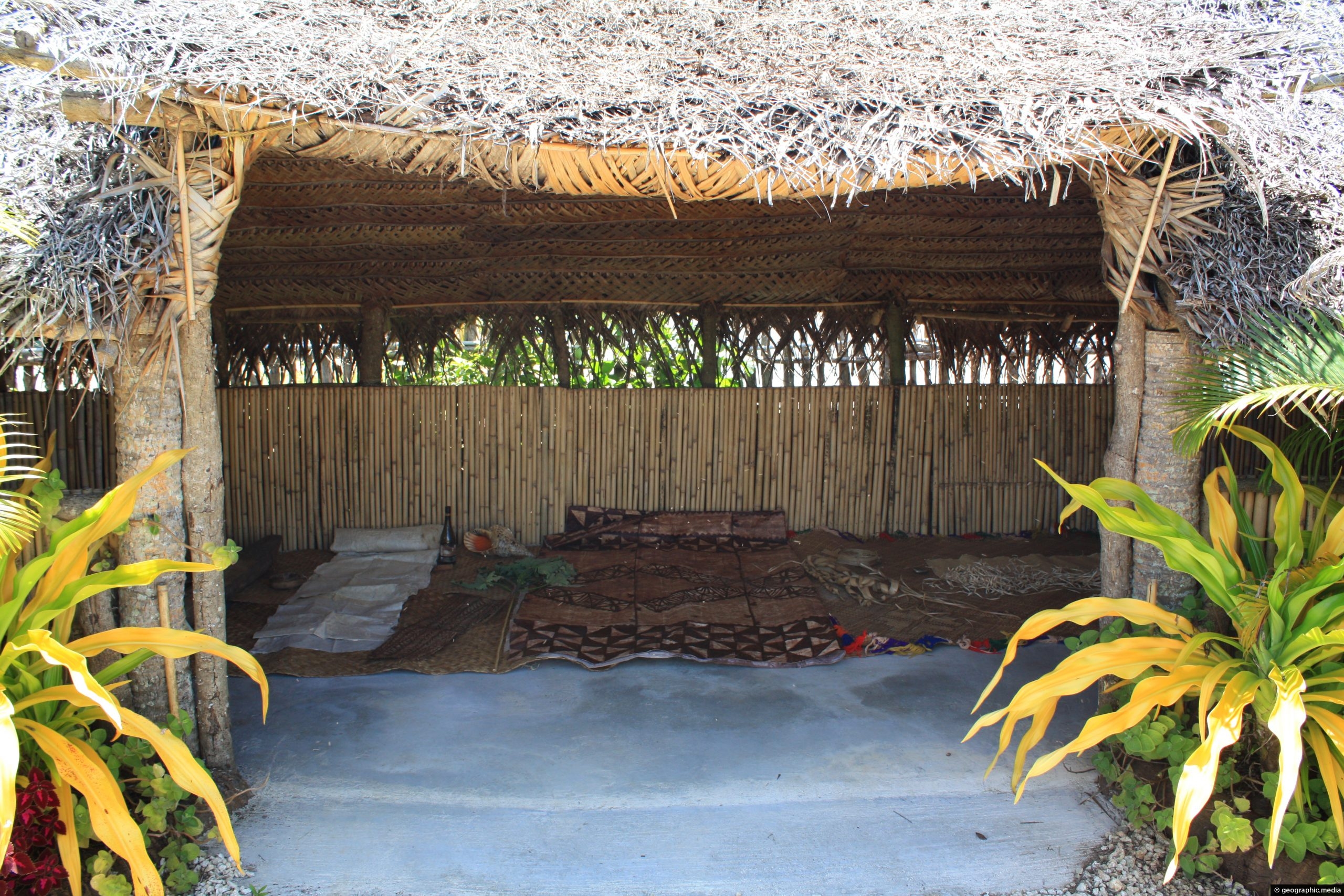 Interior view of a traditional fale in Tonga